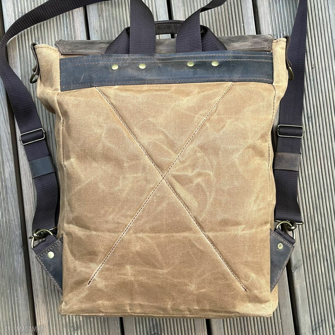 plecaki: Plecak brązowy ze skóry i bawełny woskowanej. autorskie