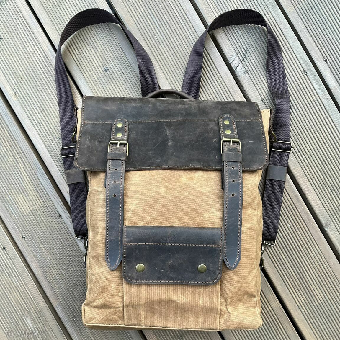 Plecak brązowy skóry bawełny woskowanej vintage bawełniany