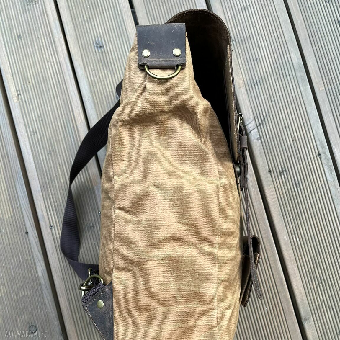 plecaki: Plecak brązowy ze skóry i bawełny woskowanej. autorskie