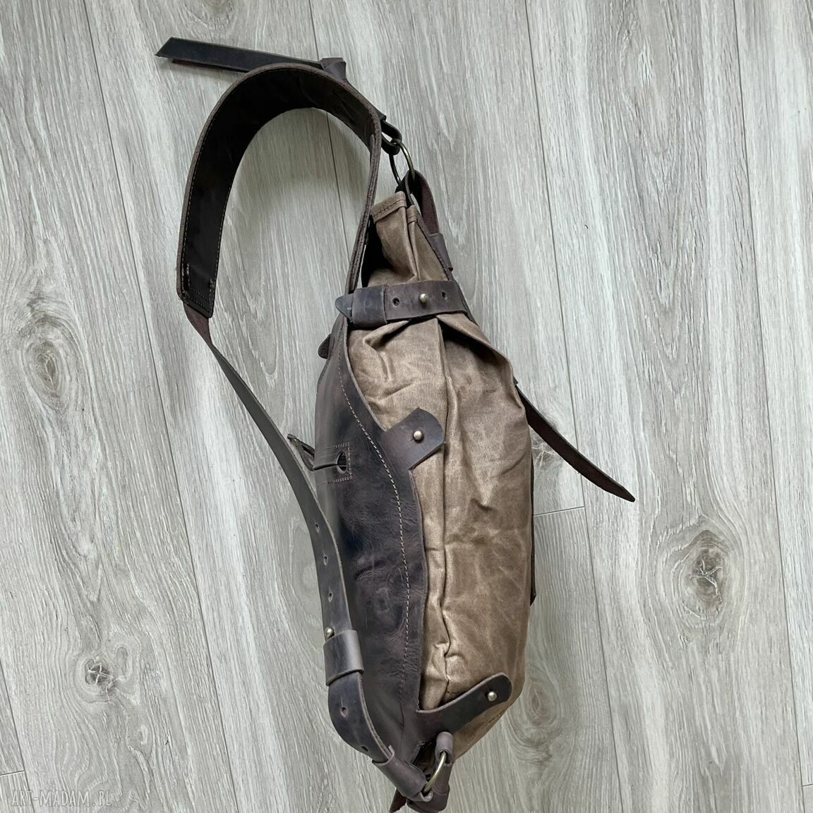 plecaki: Plecak “Bukłak” ze skóry i bawełny woskowanej brązowy w stylu Vintage