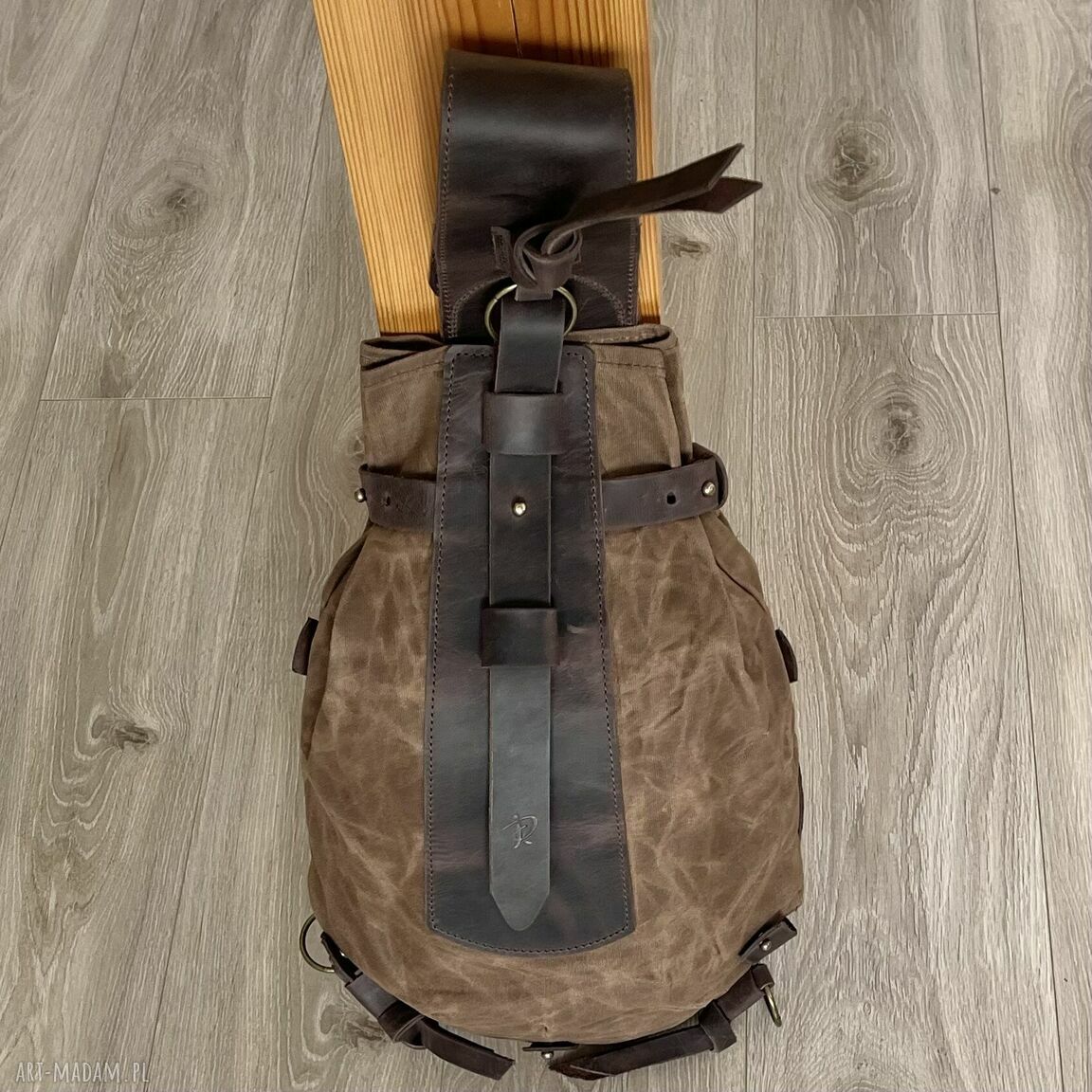 plecaki: Plecak “Bukłak” ze skóry i bawełny woskowanej brązowy w stylu Vintage