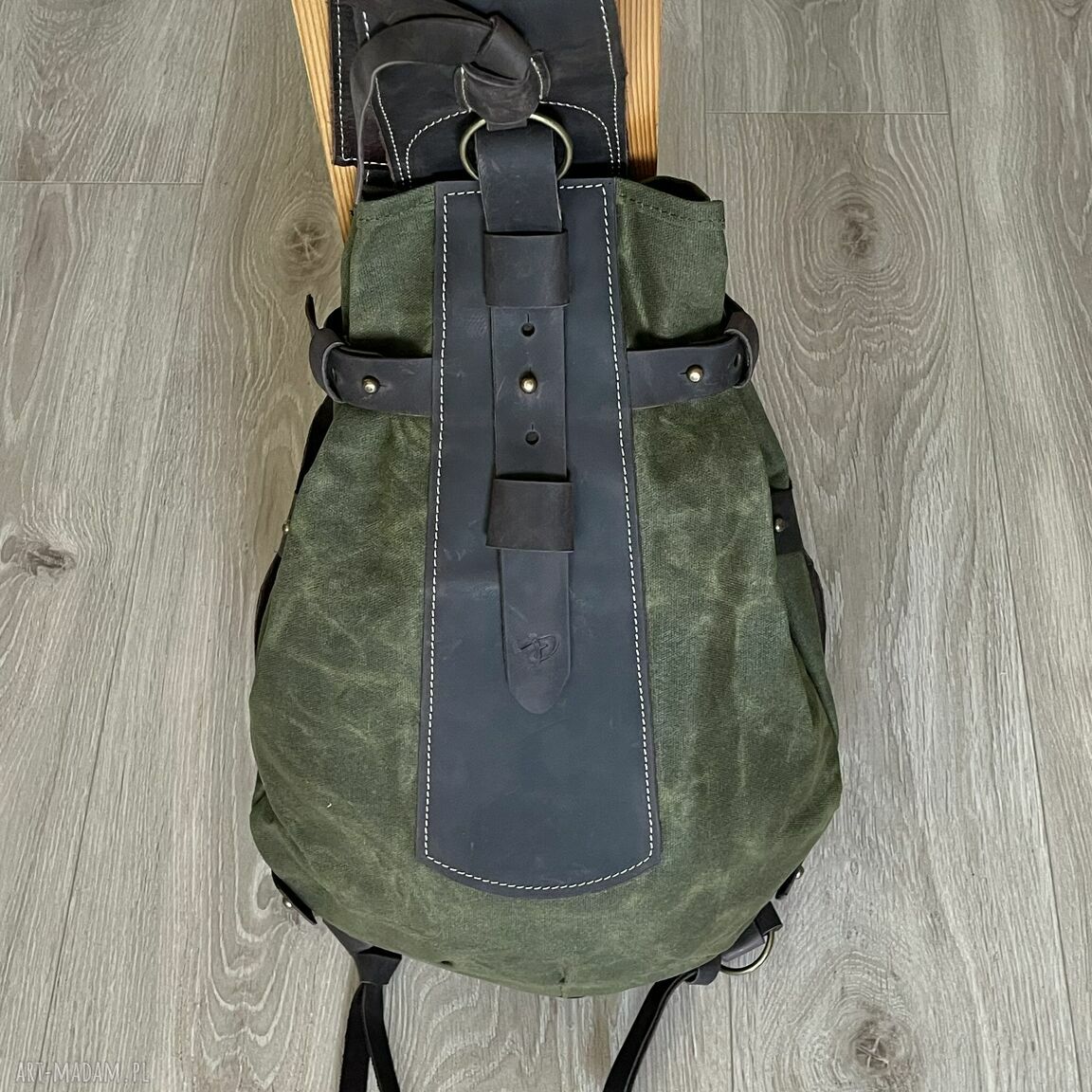 plecaki: Plecak „Bukłak” zielono brązowy ze skóry i bawełny Vintage. ręcznie robione