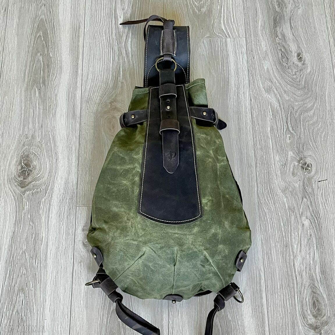 plecaki: Plecak „Bukłak” zielono brązowy ze skóry i bawełny Vintage. ręcznie robione