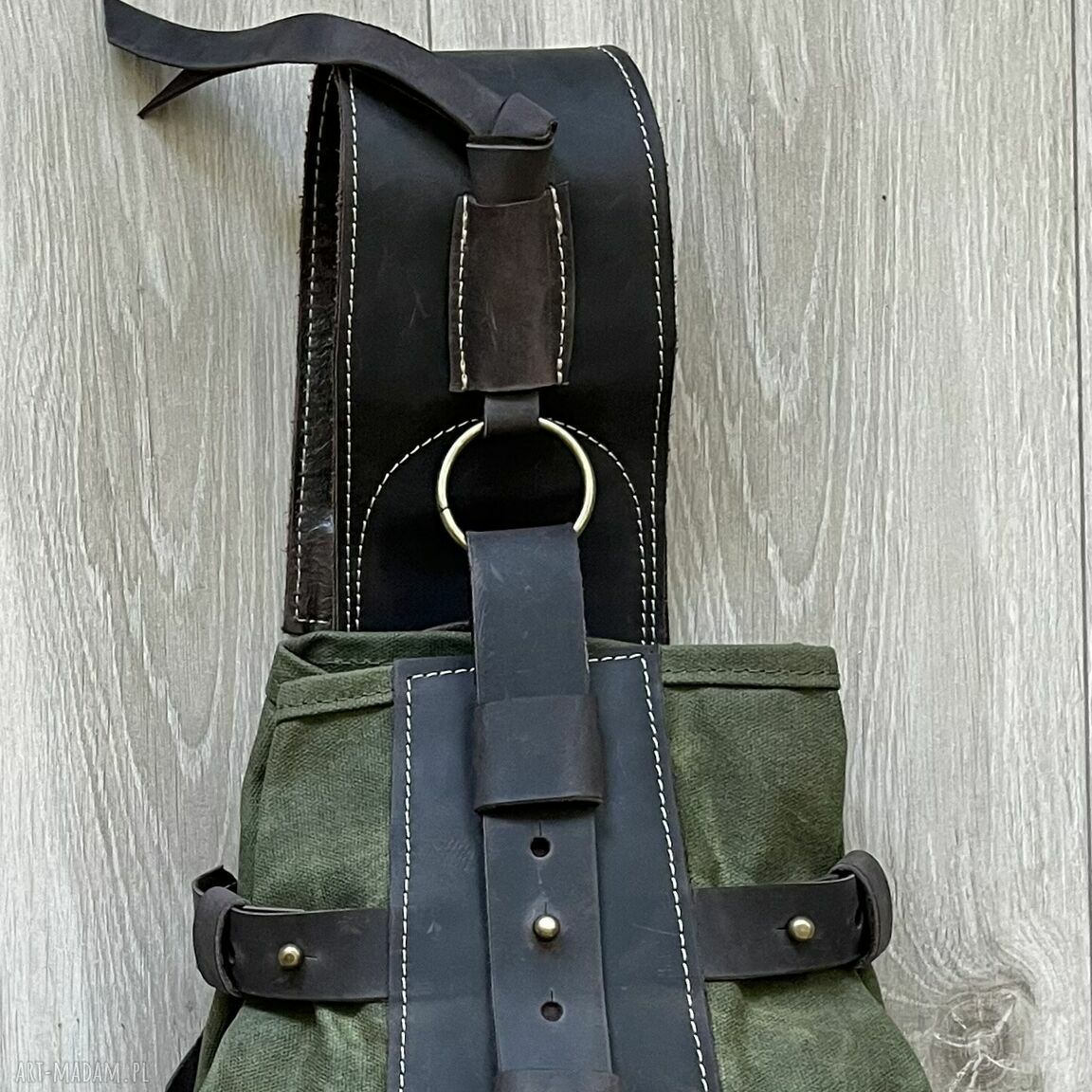 plecaki: Plecak „Bukłak” zielono brązowy ze skóry i bawełny Vintage. ręcznie robione