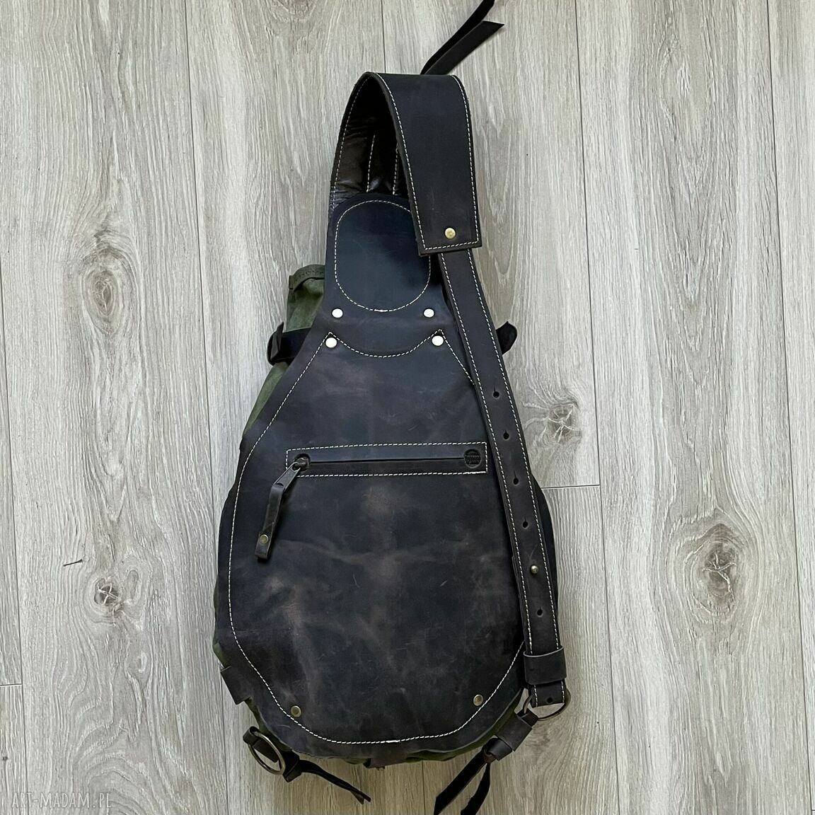 plecaki: Plecak „Bukłak” zielono brązowy ze skóry i bawełny Vintage. ręcznie robione