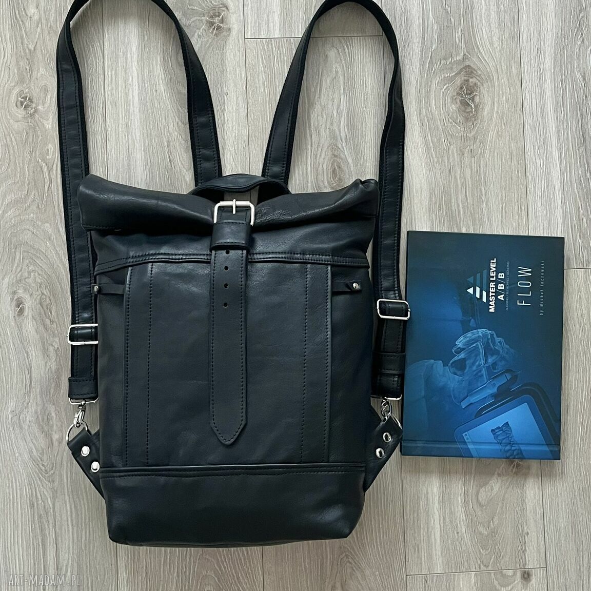 plecaki: Plecak czarny A4 ze skóry rolowany. Handmade