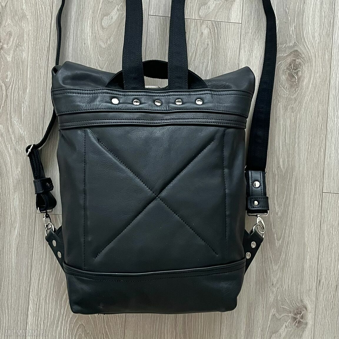 plecaki: Plecak czarny A4 ze skóry rolowany. Handmade