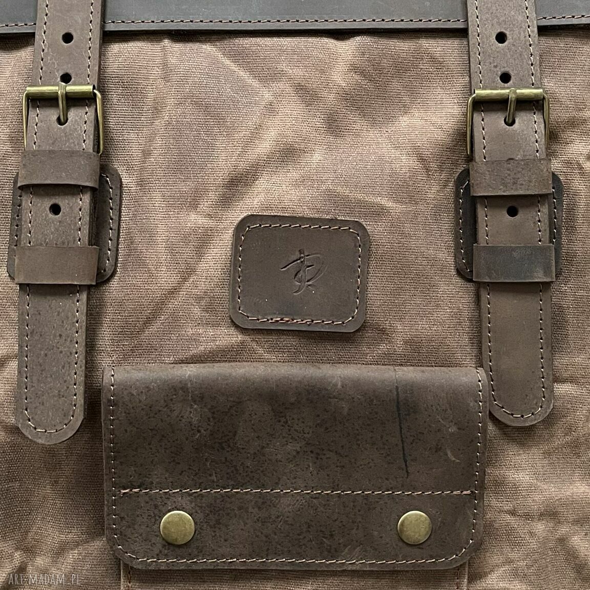 plecaki: Brązowy plecak vintage ze skóry i bawełny woskowanej. Ręczne wykonanie