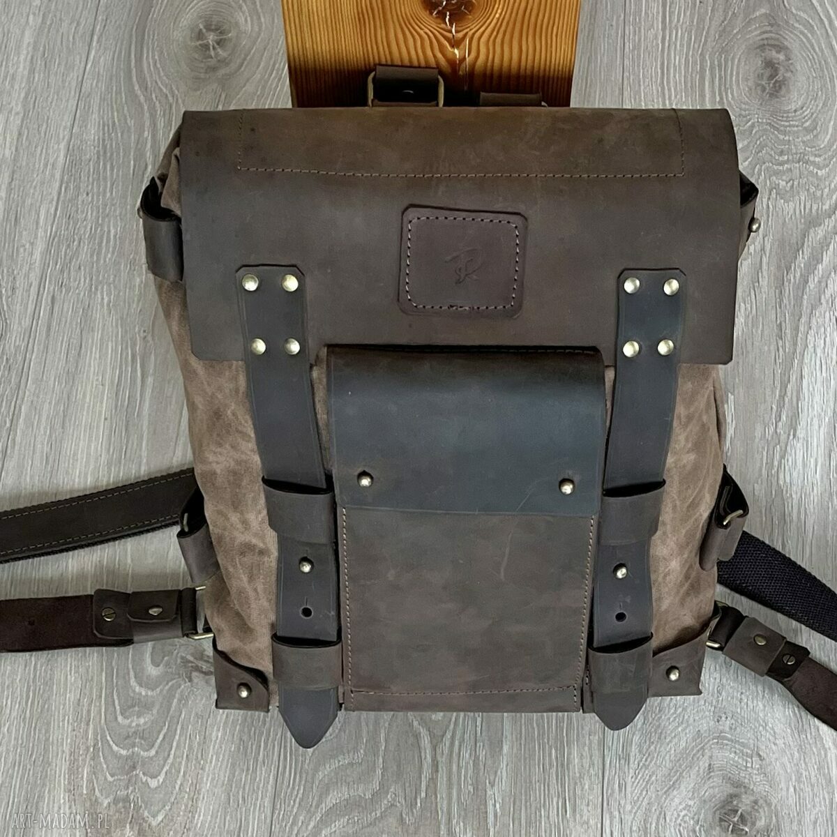 plecaki: Brązowy plecak Vintage ze skóry i bawełny woskowanej. Ręcznie robione