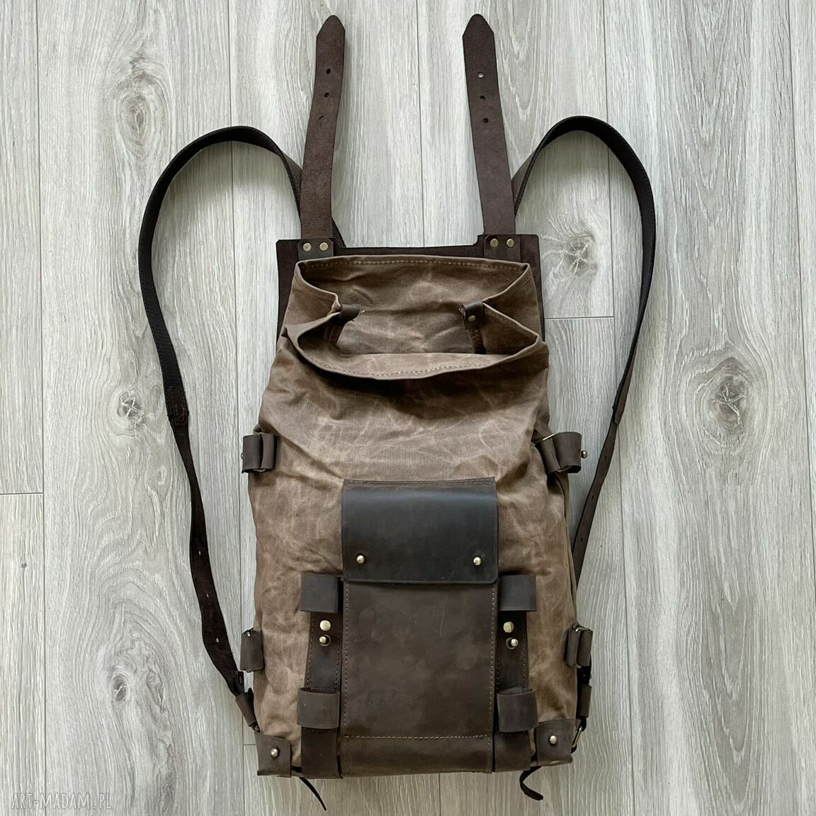plecaki: Brązowy plecak Vintage ze skóry i bawełny woskowanej. Ręcznie robione