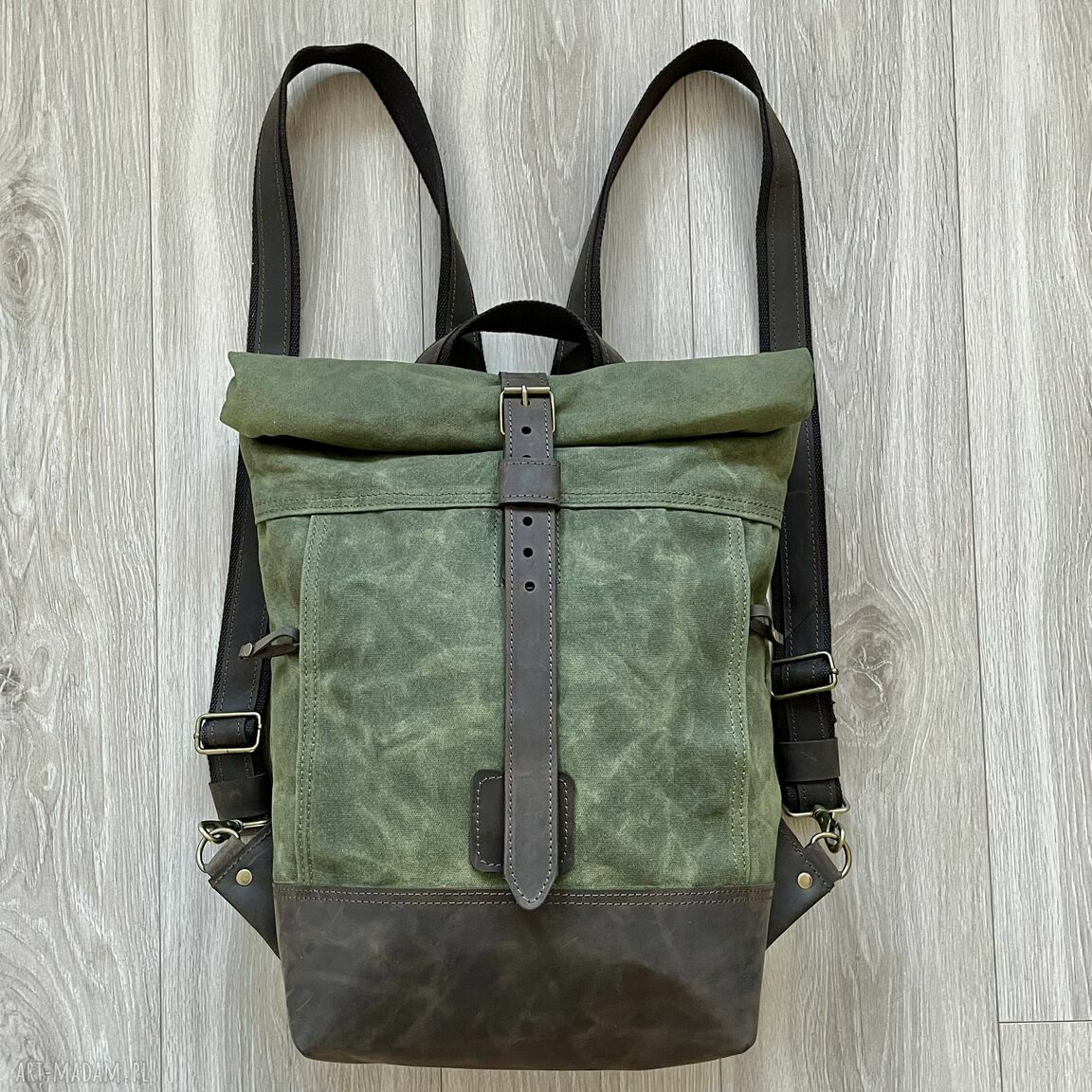 Plecak rolowany skóry bawełny woskowanej zielono brązowy vintage