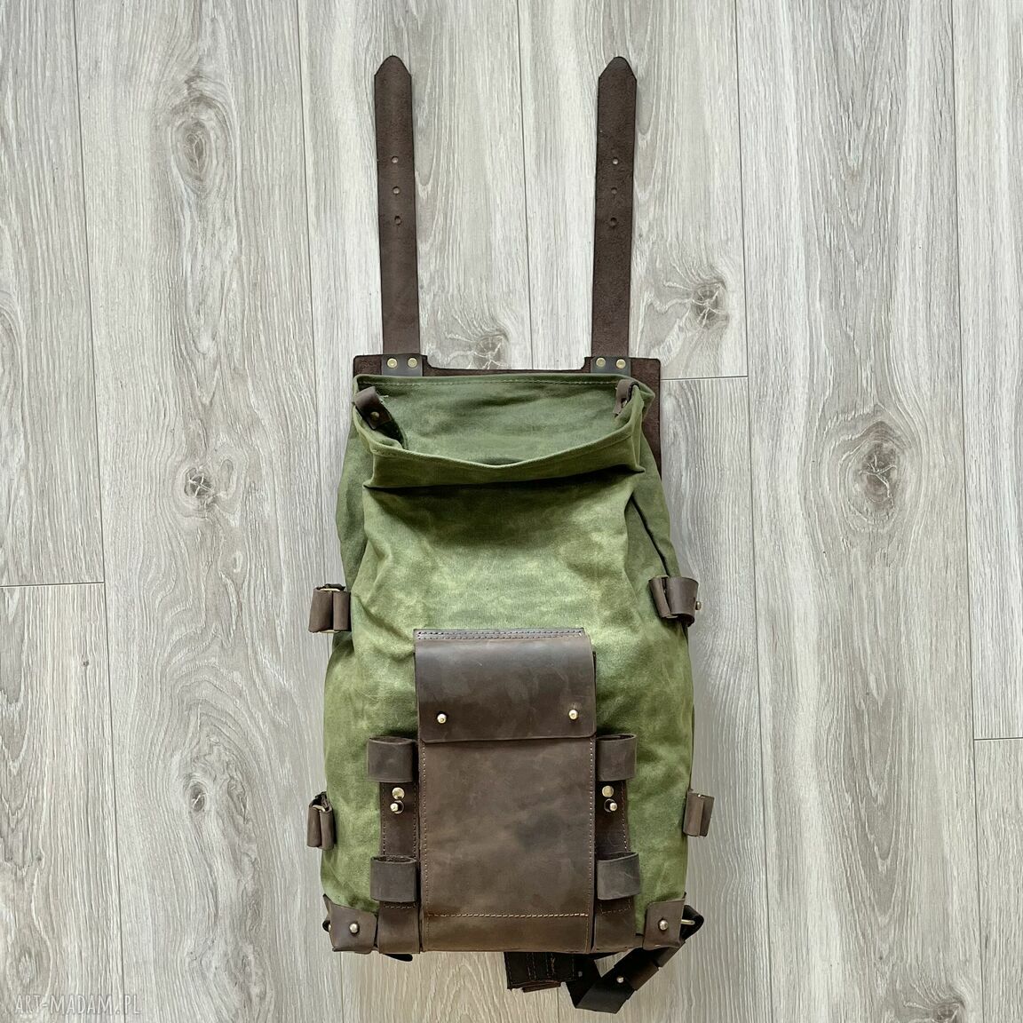 plecaki: Plecak ze skóry i bawełny woskowanej zielono brązowy wersja na jeden pas nośny
