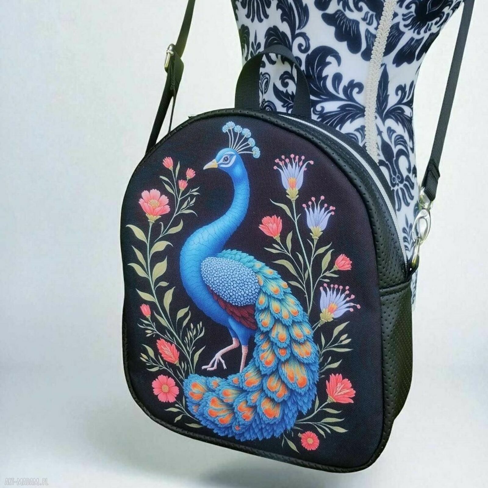 Plecak miejski NIEMAZACO z kolorowym pawiem - handmade