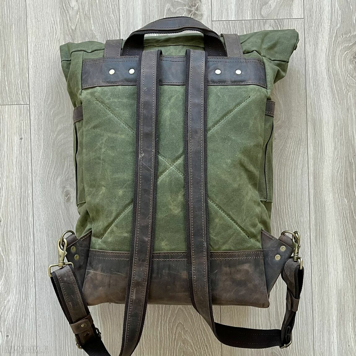 plecaki: Duży plecak ze skóry i bawełny woskowanej zielono brązowy. Vintage. HandMade