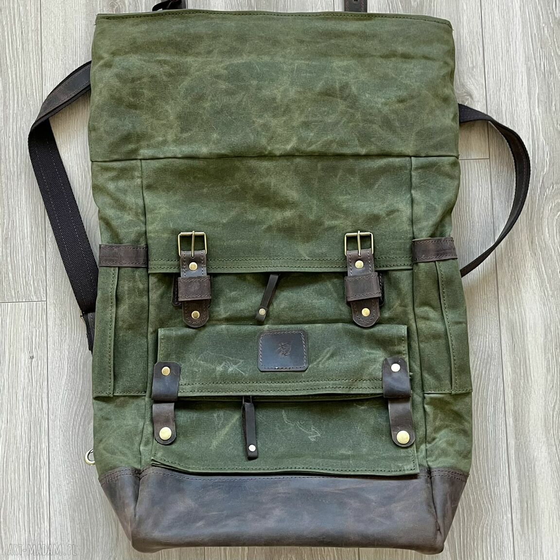 plecaki: Duży plecak ze skóry i bawełny woskowanej zielono brązowy. Vintage. HandMade