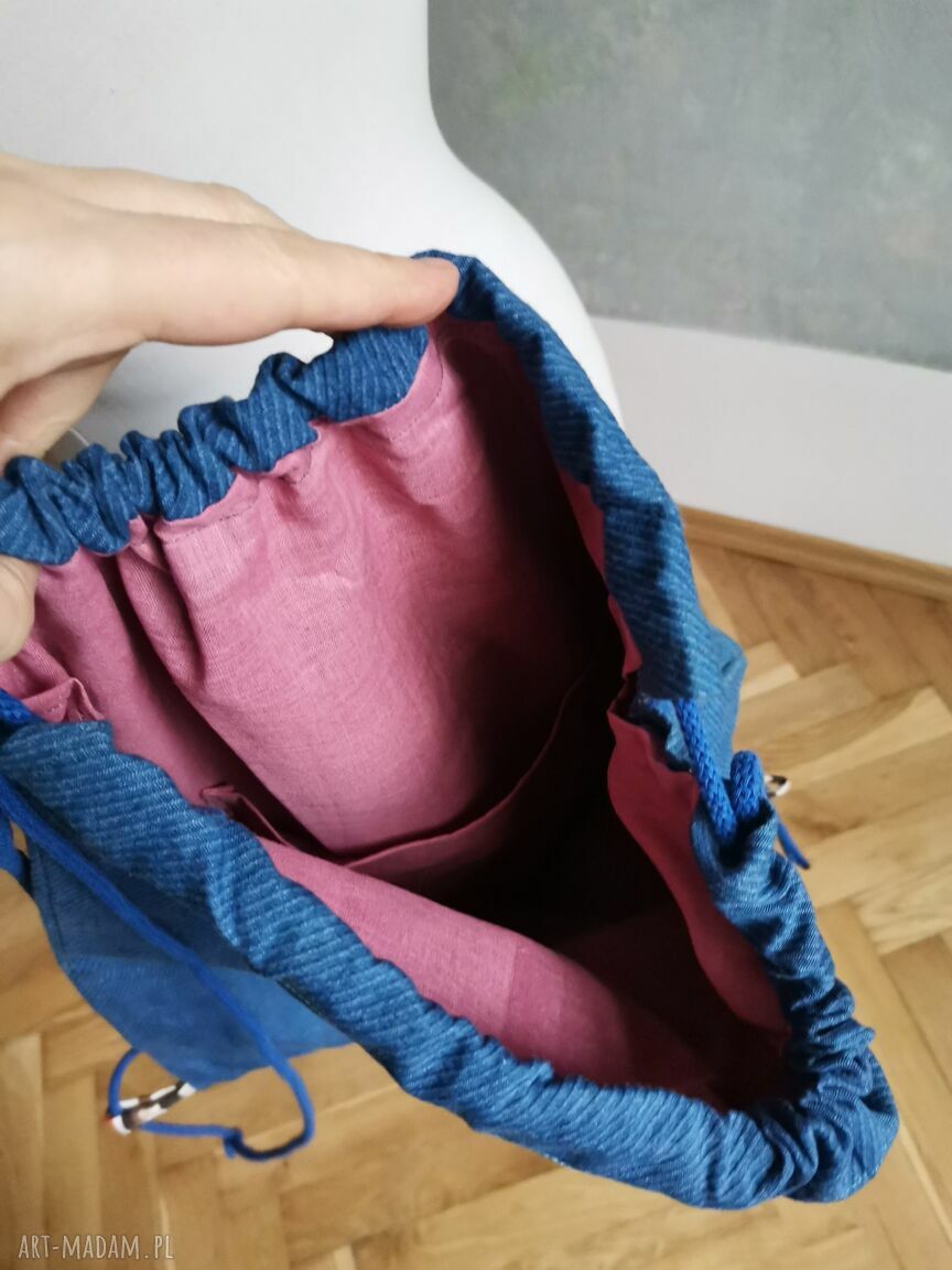 Plecak niebieski worek folk z frędzlami - ręcznie szyty z bawełny