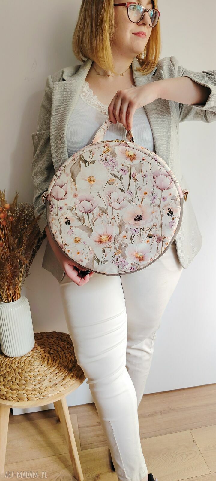 Plecak Okrągły „Różowa Łąka” w kwiaty - 2w1, handmade