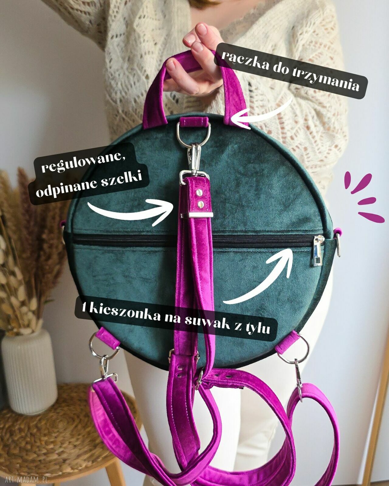 Plecak okrągły damski z motywem czapli - ręcznie robiony granatowy 2w1