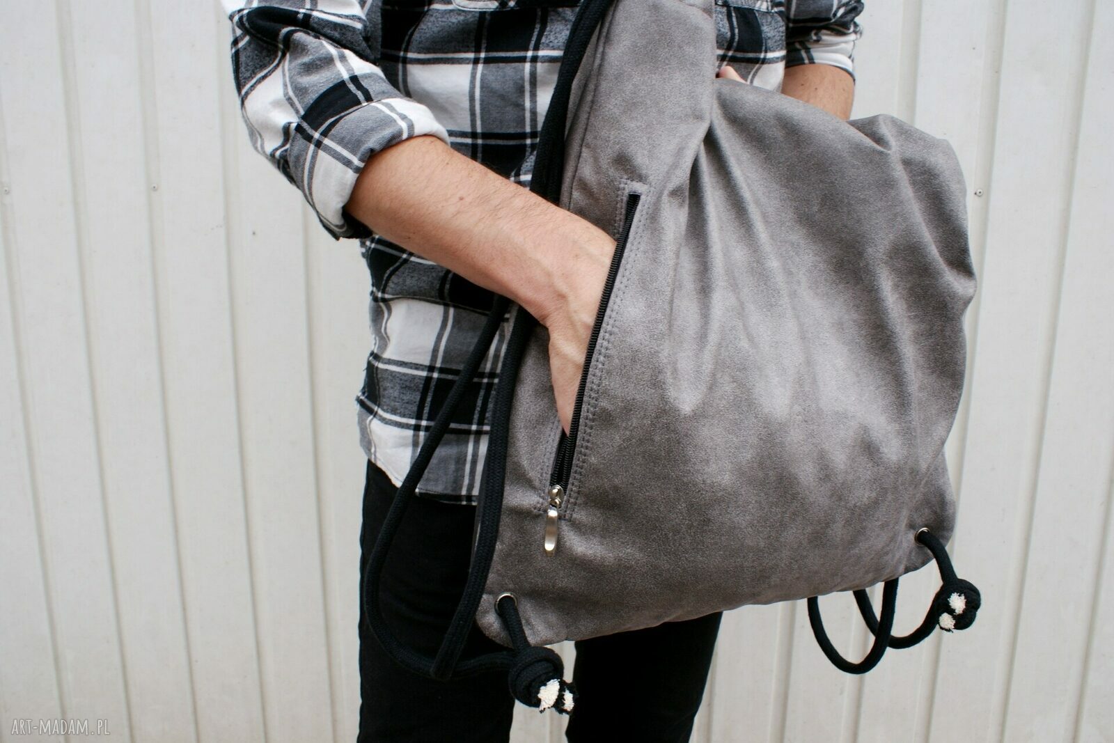 Plecak szary czarny troczek ręczne wykonanie