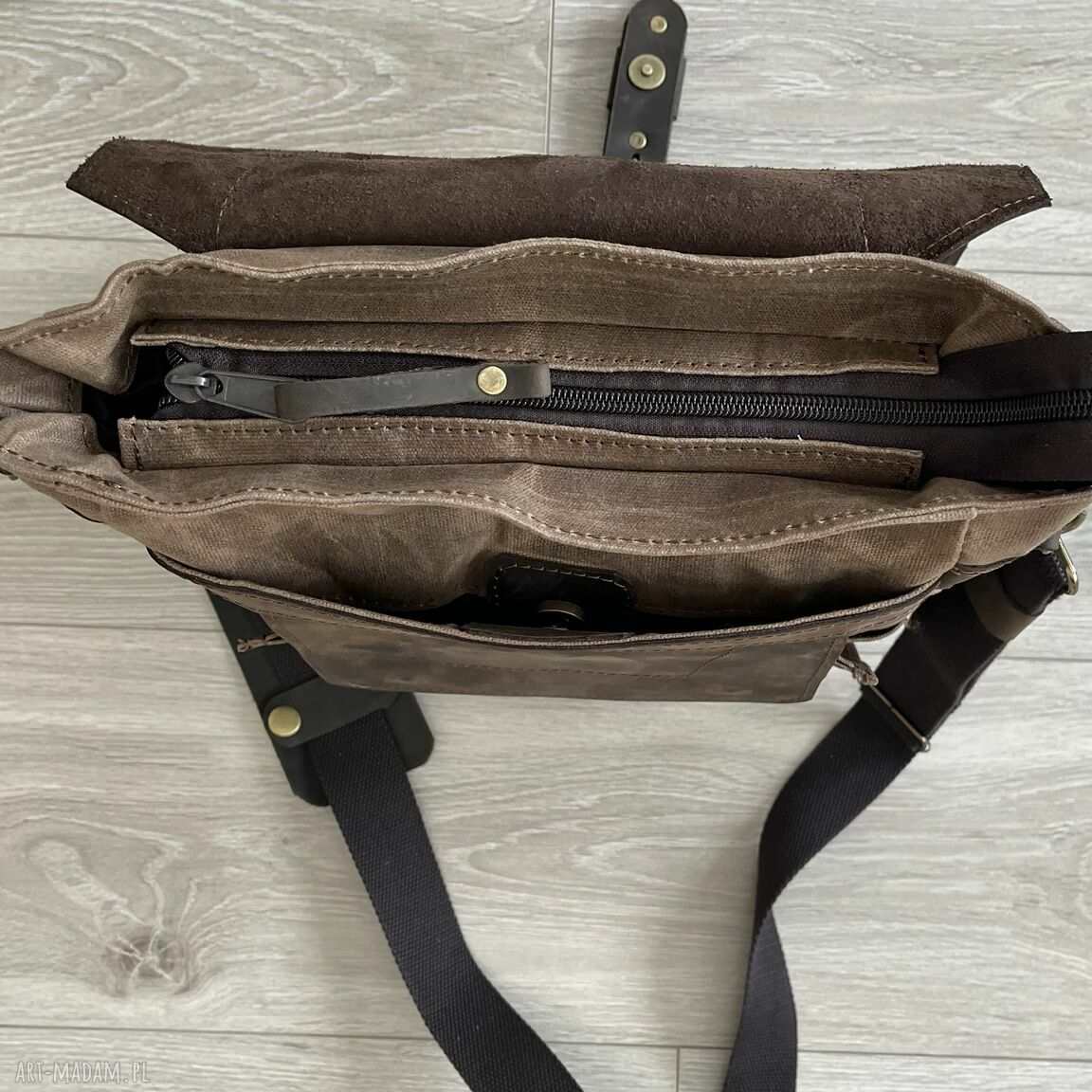 teczki: Torba ze skóry i bawełny woskowanej brązowa vintage. Ręcznie robione