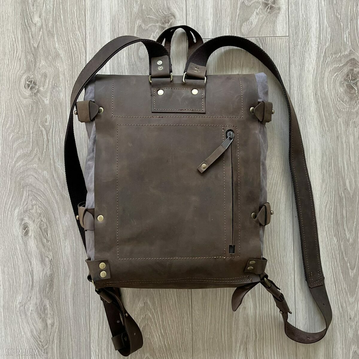 plecaki: Plecak Vintage ze skóry i bawełny woskowanej szaro brązowy. Ręcznie robione