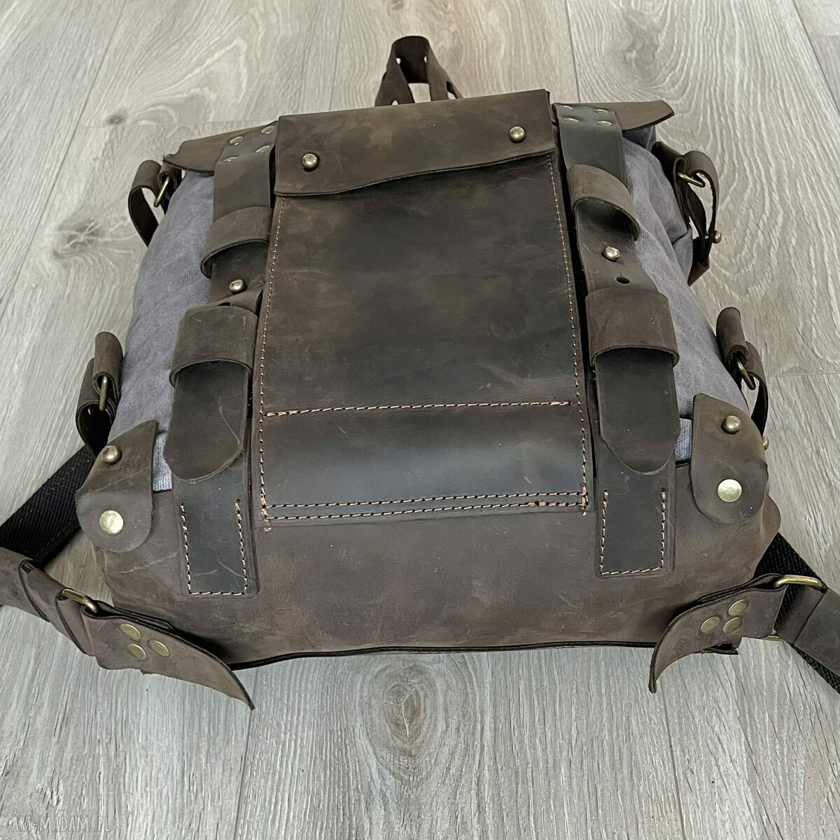 plecaki: Plecak Vintage ze skóry i bawełny woskowanej szaro brązowy. Ręcznie robione