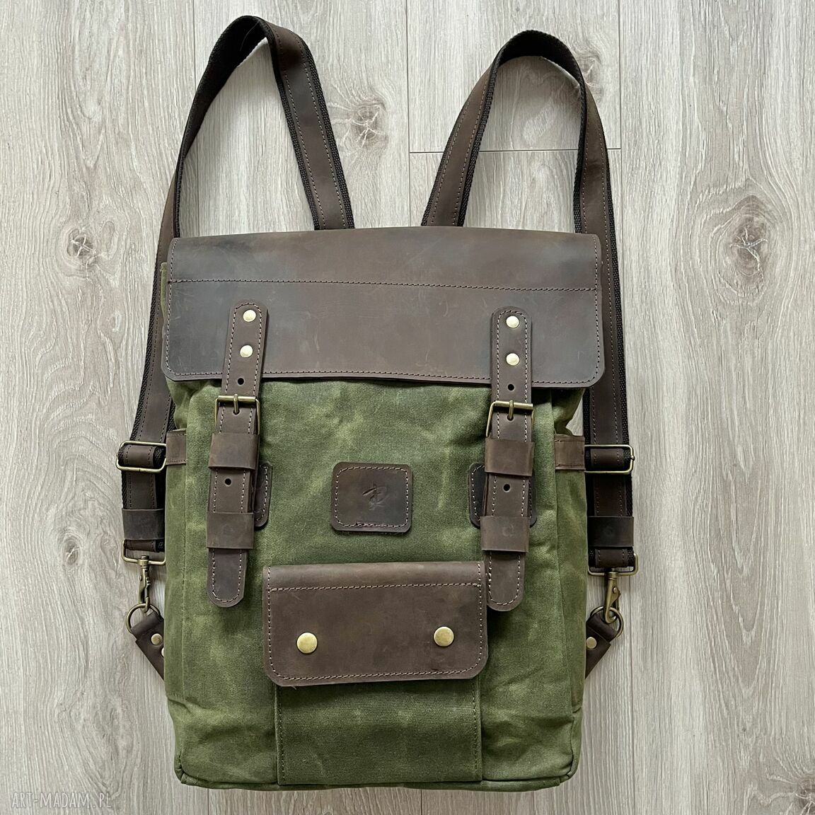 Plecak vintage skóry bawełny woskowanej zielono brązowy
