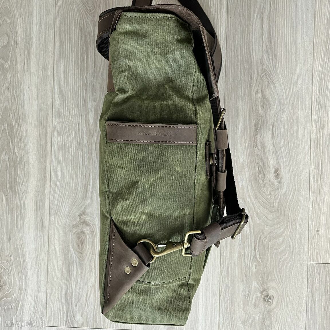 plecaki: Plecak vintage ze skóry i bawełny woskowanej zielono brązowy. Ręczne