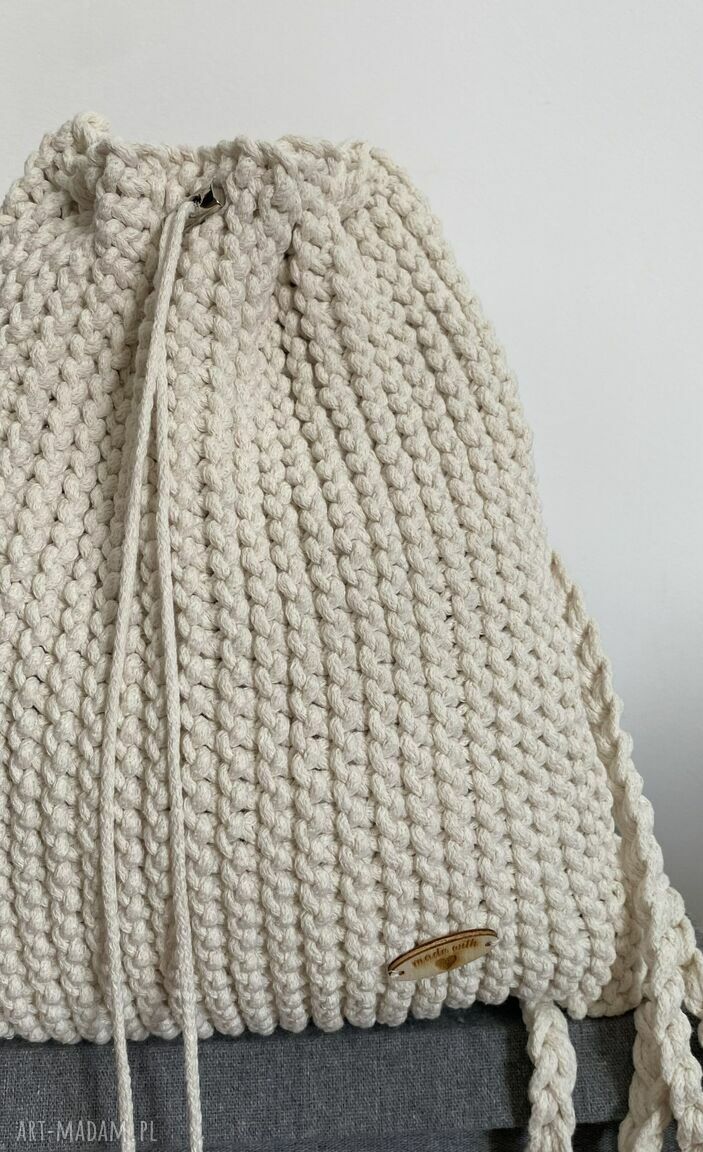 Plecak worek z bawełnianego sznurka handmade (ecru)