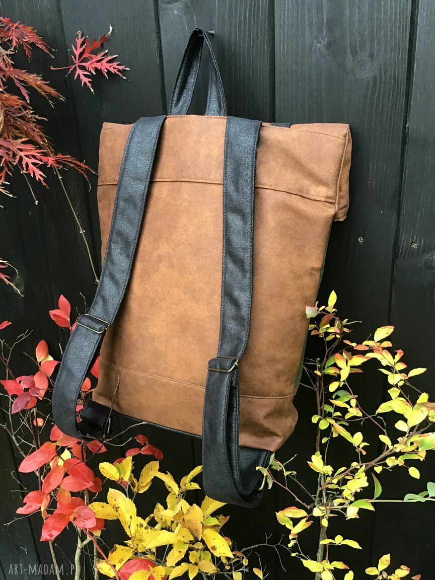 Plecak włóczykija - koniak, zieleń i czekolada (wegański, handmade)