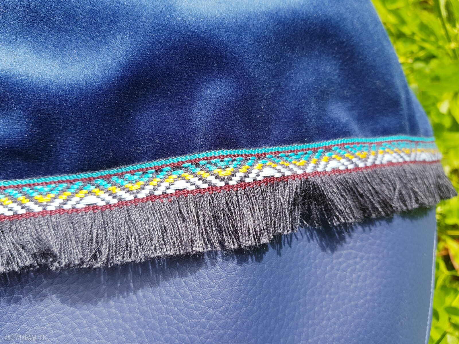 Plecak worek boho etno turkusowy z frędzelkami ręcznie szyty