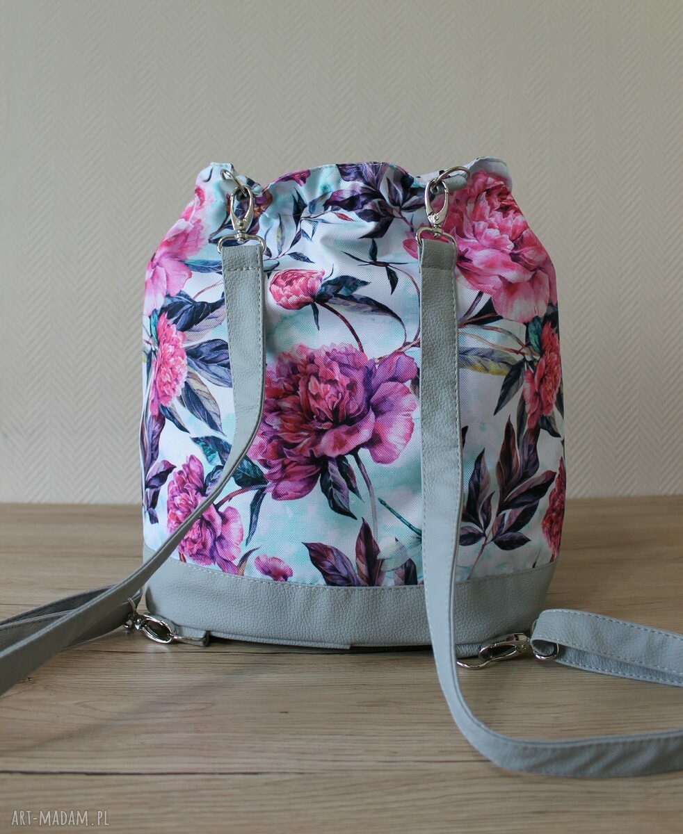 Plecak worek - piwonie na miętowym tle (handmade)