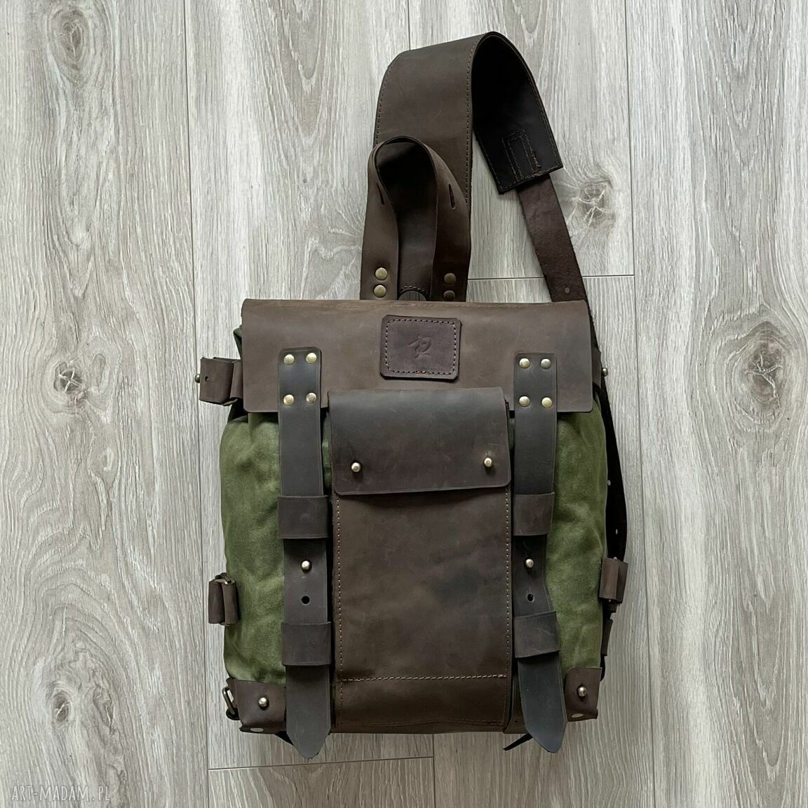 Plecak skóry bawełny woskowanej zielono brązowy wersja jeden pas