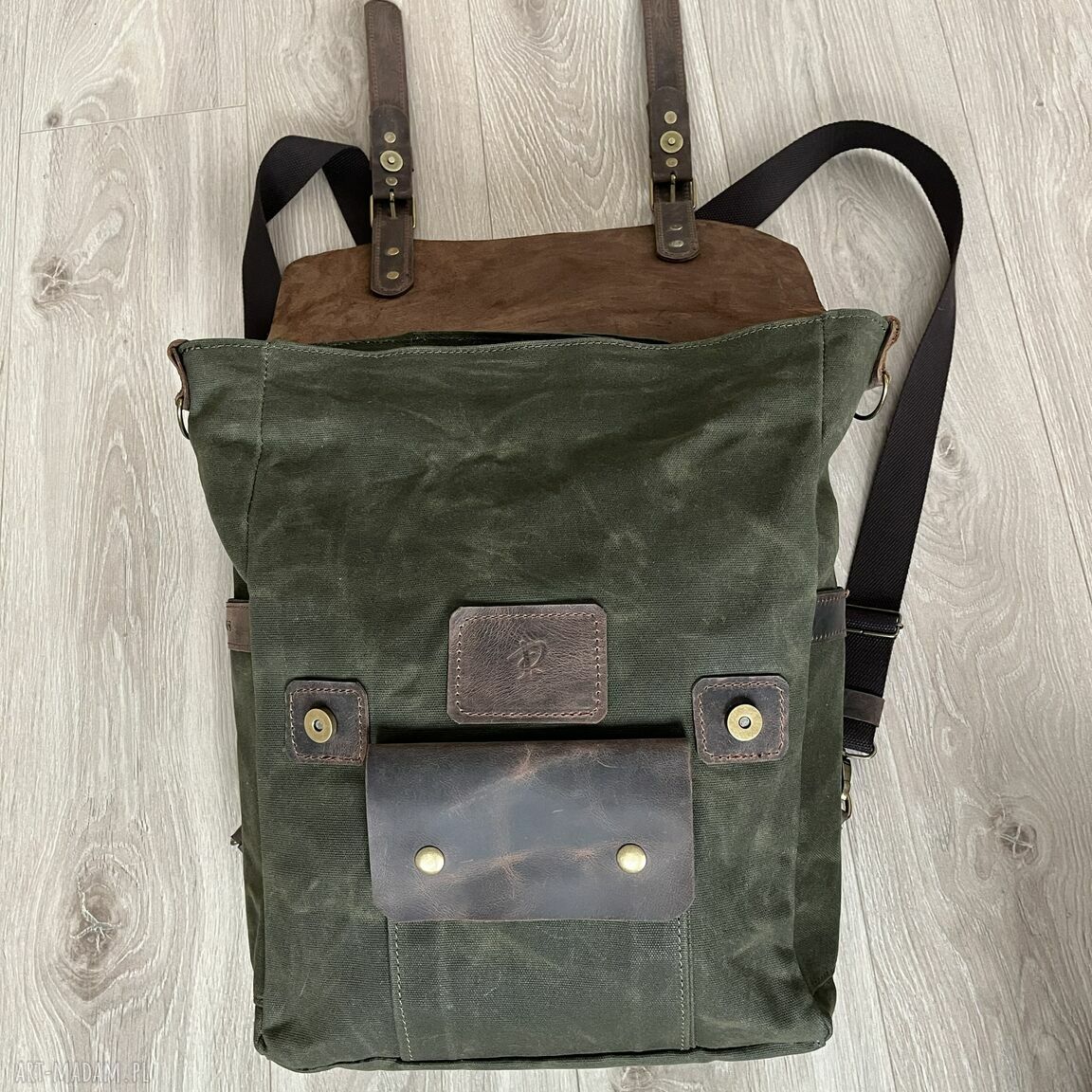 plecaki: Plecak ze skóry i bawełny woskowanej zielony. Vintage. HandMade