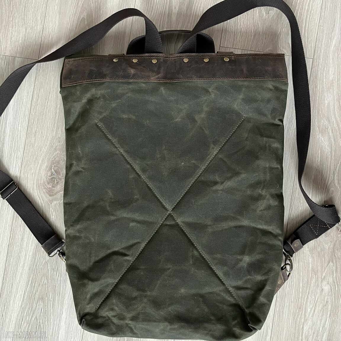 plecaki: Plecak ze skóry i bawełny woskowanej zielony. Vintage. HandMade