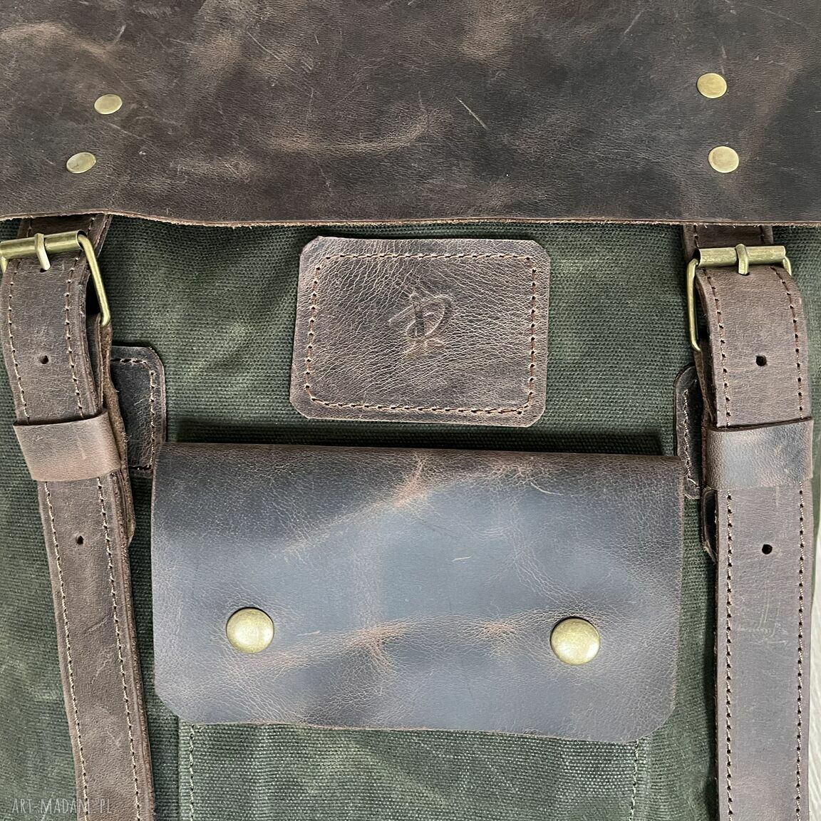 plecaki: Plecak ze skóry i bawełny woskowanej zielony. Vintage. HandMade
