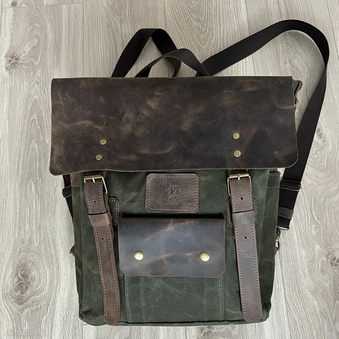 Plecak skóry bawełny woskowanej zielony vintage skórzany szkoły
