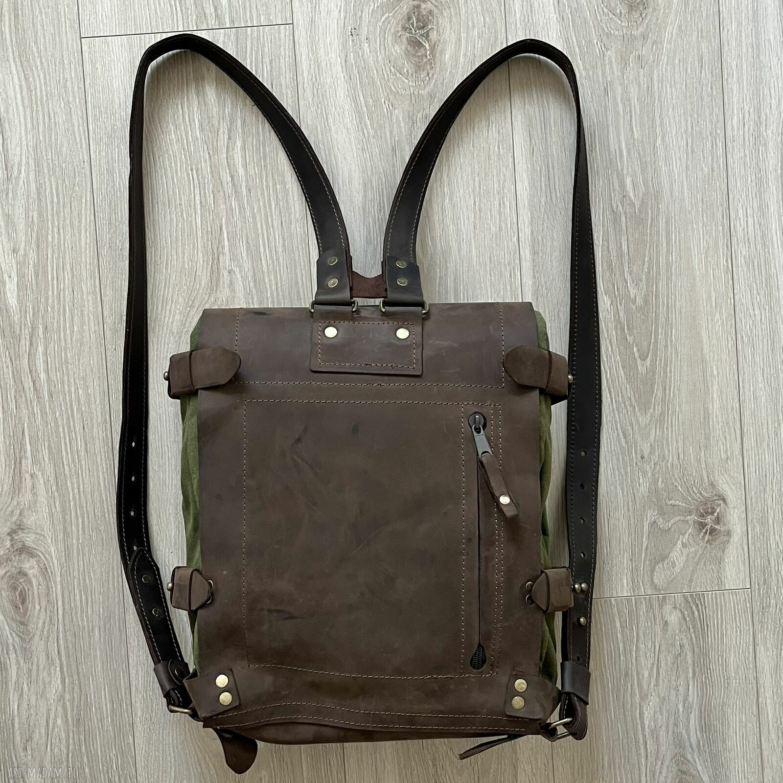 plecaki: Plecak zielono brązowy ze skóry i bawełny woskowanej Vintage. ręczne