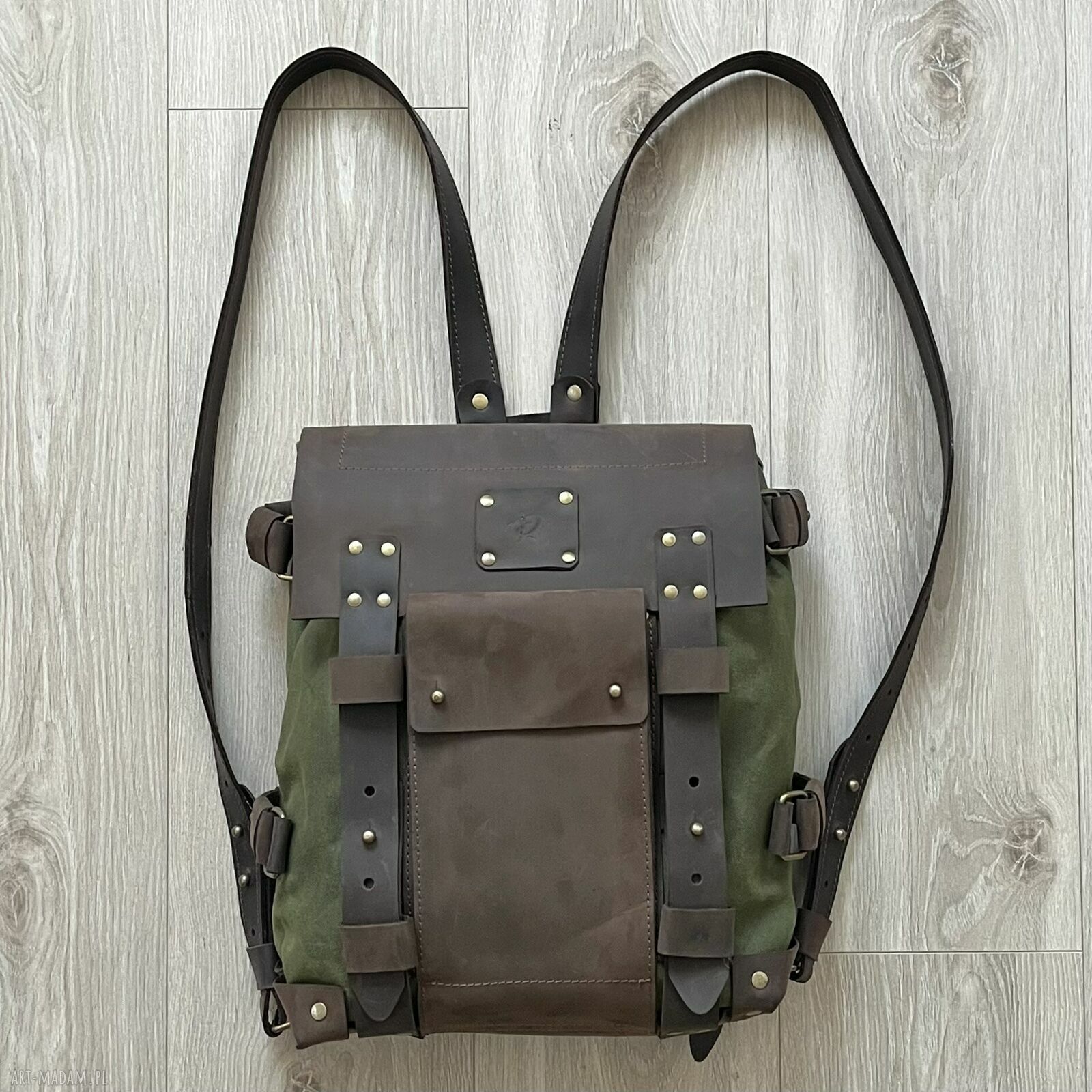 Plecak zielono brązowy skóry bawełny woskowanej vintage skórzany