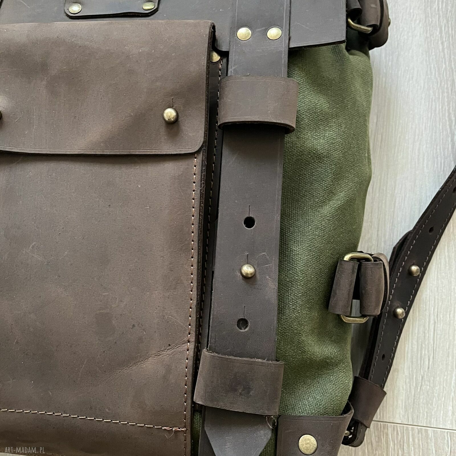 plecaki: Plecak zielono brązowy ze skóry i bawełny woskowanej Vintage. ręczne