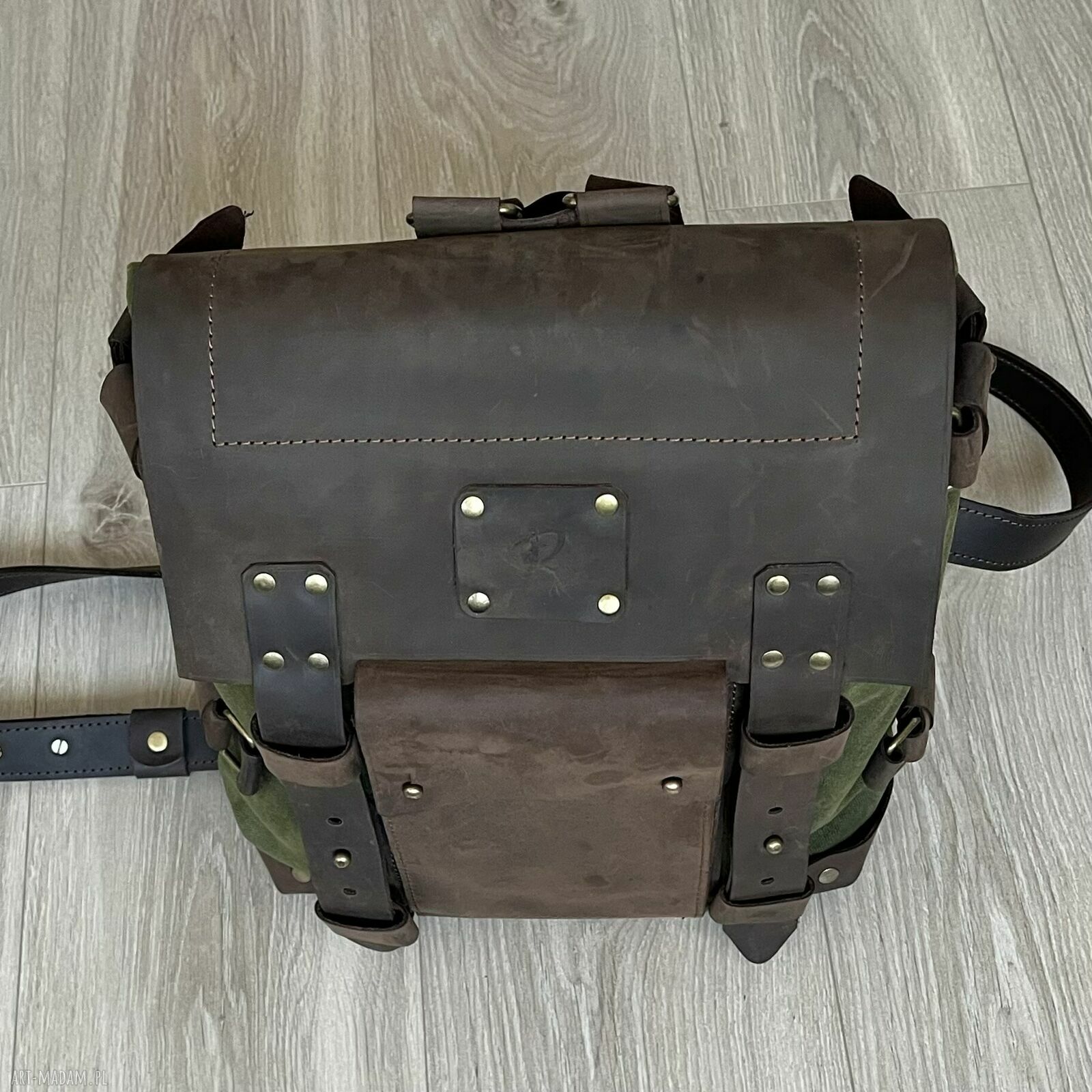 plecaki: Plecak zielono brązowy ze skóry i bawełny woskowanej Vintage. ręczne