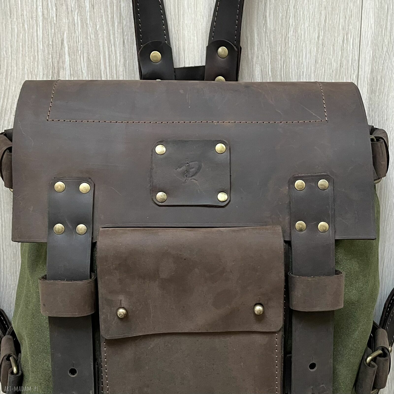 plecaki: Plecak zielono brązowy ze skóry i bawełny woskowanej Vintage. ręczne