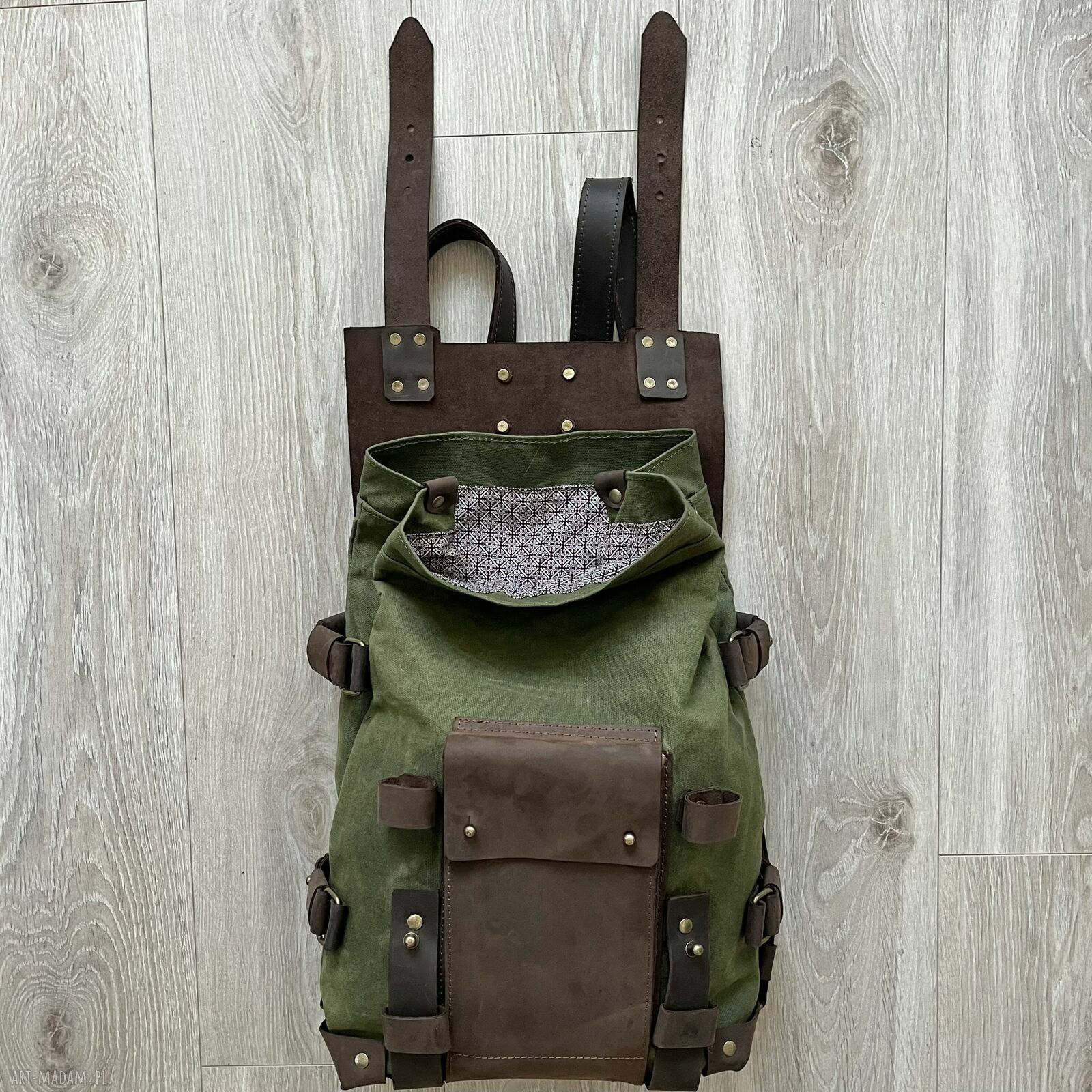 plecaki: Plecak zielono brązowy ze skóry i bawełny woskowanej Vintage. ręczne