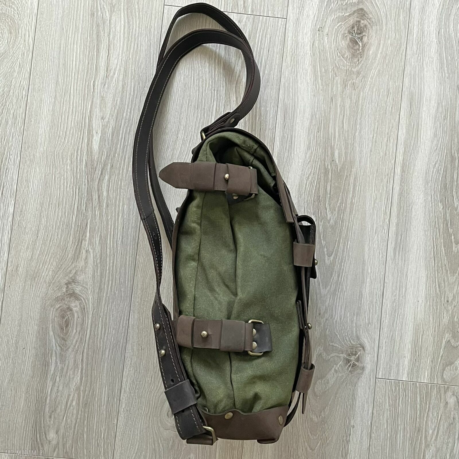 plecaki: Plecak zielono brązowy ze skóry i bawełny woskowanej Vintage. ręczne