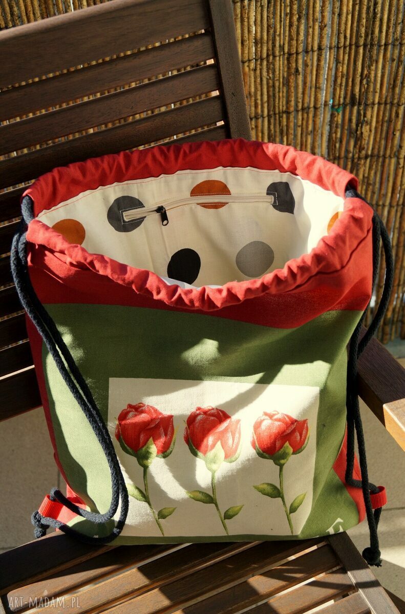 Plecak-worek Red Rose - czerwone róże, bawełna i alcantara (handmade)