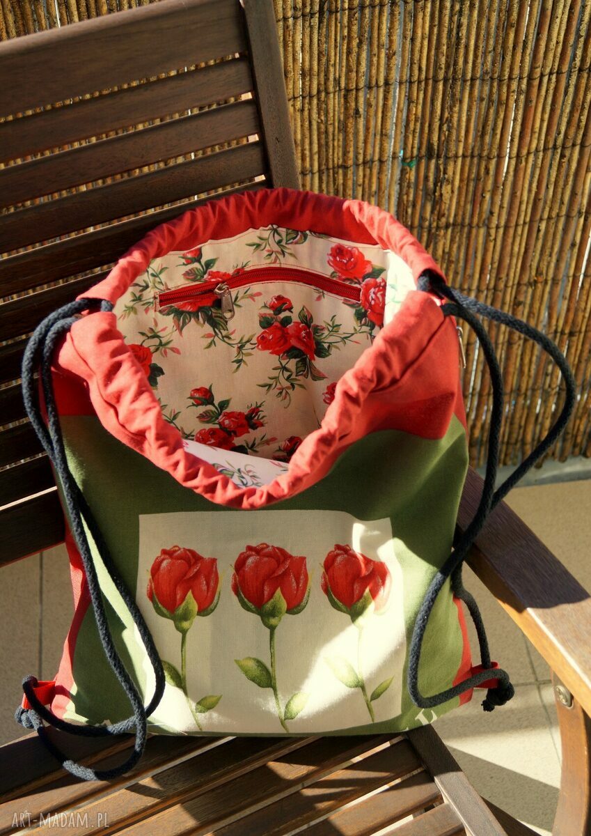 Plecak worek Red Rose - czerwone róże, ręczne szycie