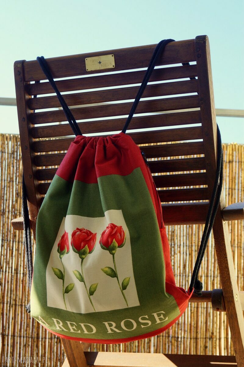 Plecak-worek Red Rose - czerwone róże, bawełna i alcantara (handmade)