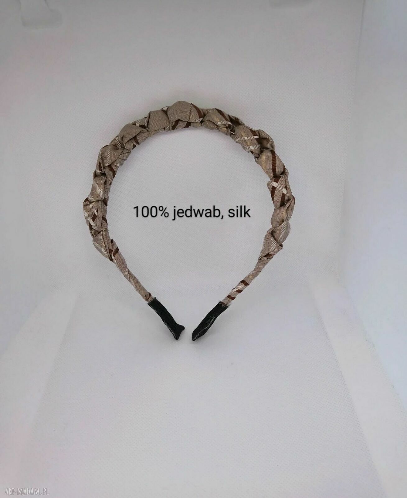 Pleciona drobna jedwabna opaska beżowo-brązowa - zero waste