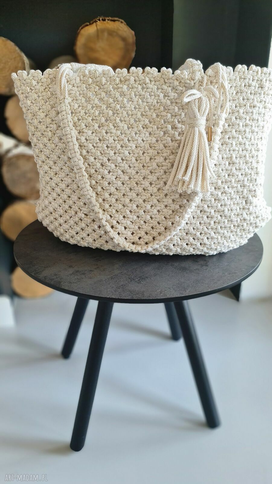 Pleciona torebka na ramię handmade z sznurka - mleczna biel i złota nić