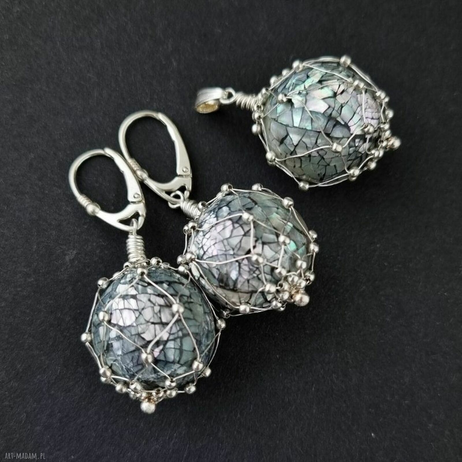 Pleciony komplet Abalone z muszlą Paua - kolczyki i wisiorek w technice wire wrapping